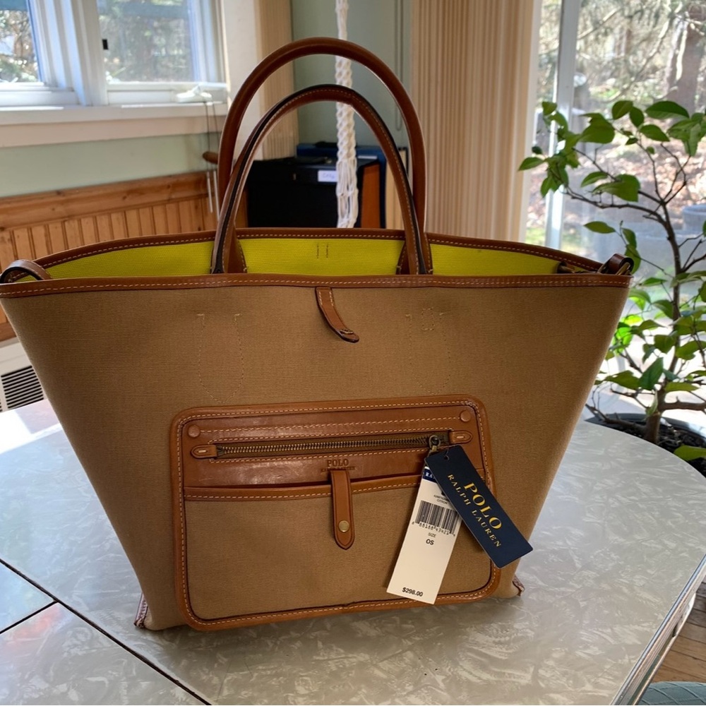 NWT Polo by Ralph Lauren Reversible Citron Yellow / Saddle Brown Tote Bag. - Picture 6 of 16